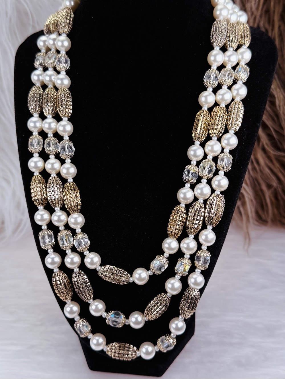 Vintage Japan Triple Strand Faux Pearl AB Crystal Gold Tone Necklace